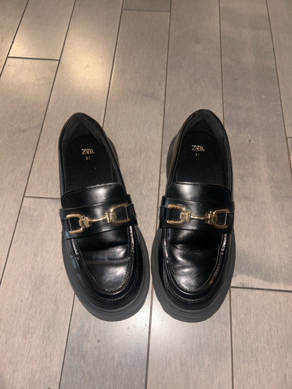 Zara Black Loafers with Gold Buckle Detail